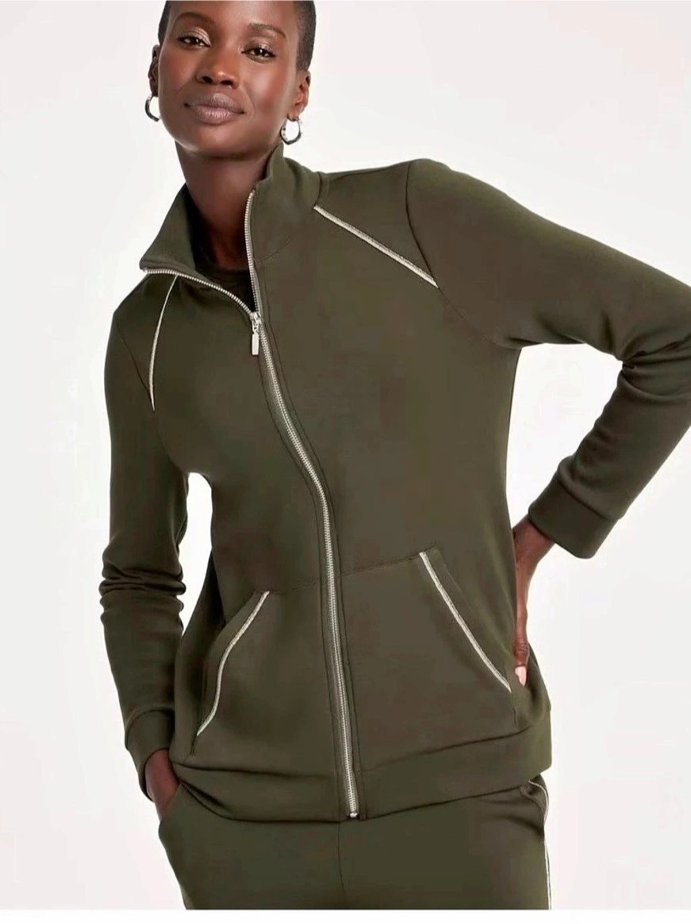 Chico's Zenergy Olive Green Caviar Bead Accent Full Zip Jacket Size 1 M